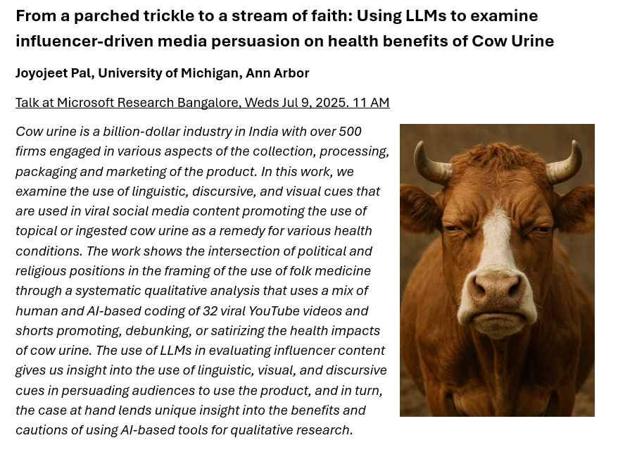 joyopal's tweet image. This coming Wednesday in Bangalore, our new work using LLMs for qualitative research on social media influencer content around Gomutra.