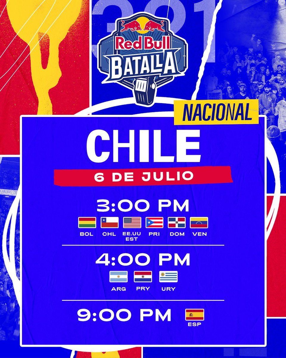 ES HOY!

No te pierdas en nuestros canales de Twitch, Facebook, X, Youtube y en Red Bull TV la Final Nacional de #RedBullBatalla Chile 2025🚨

¿Están listos?

Horarios 👇