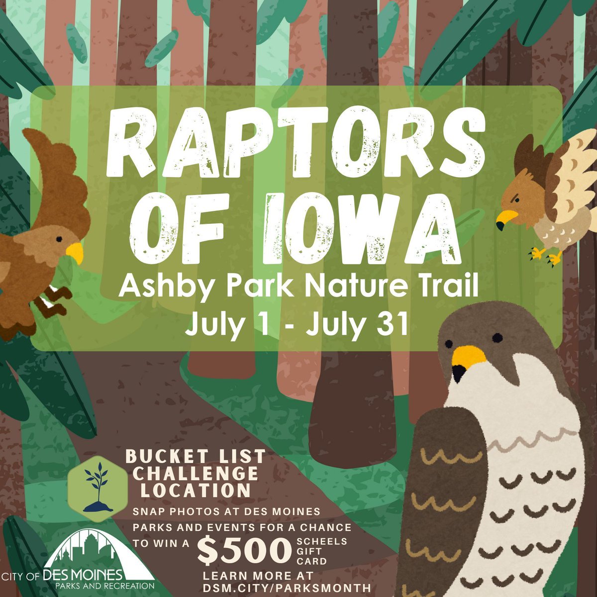 DesMoinesParks's tweet image. 🔎🦉Spot the Raptors at Ashby Park!🦅🔍 

Learn about raptors of Iowa, spot cutouts from the trail, and take a photo with one to submit to our Bucket List Challenge for a chance to win a $500 gift card to Scheels! Learn more at DSM.City/ParksMonth🎉