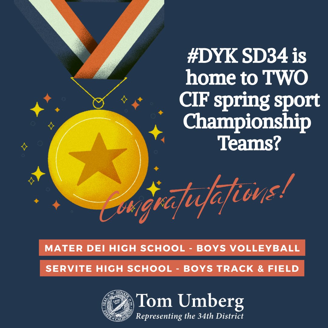 SenatorUmberg's tweet image. SD34 is the home of CIF champions!
Kudos to the boys of @MDHSMonarch’s volleyball team and @ServiteHS’s track & field teams this past spring!
Let’s gooooo!