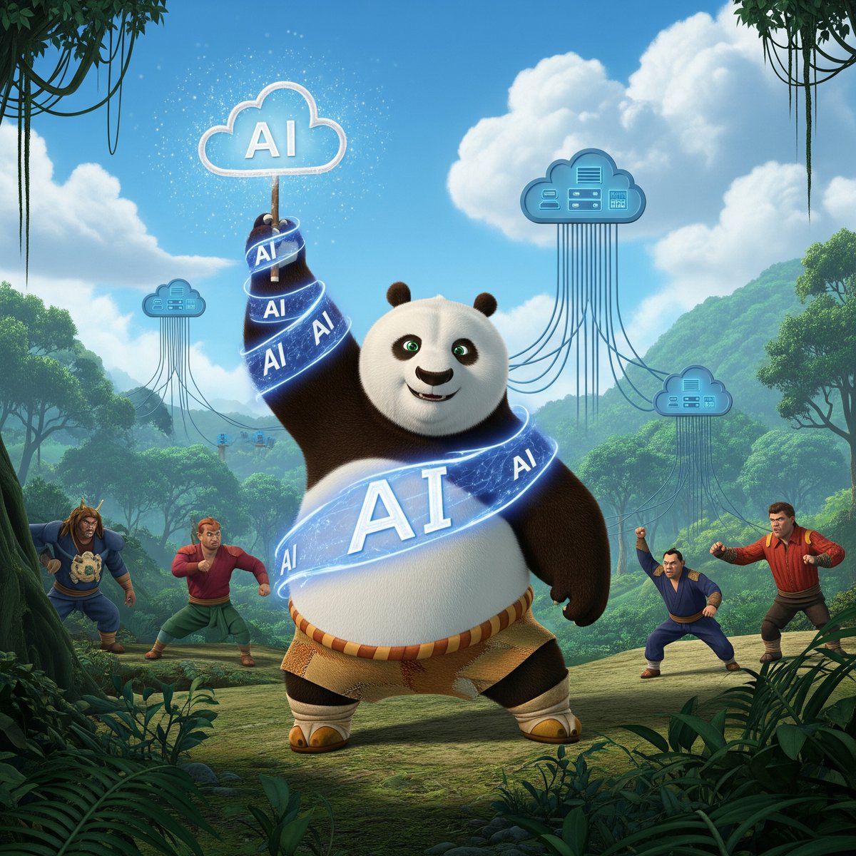 viveky259259's tweet image. Okay, so... five angry-looking dudes, one me. Normally, I&apos;d be all &quot;Skadoosh!&quot; but Master Shifu handed me this weird new bamboo staff. It&apos;s got these glowing letters on it... &apos;AI&apos;? And it&apos;s... buzzing? Strange vibes in the jungle today. #KungFuPanda #NewChallenge