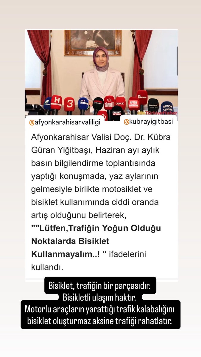 - Bisiklet bir ulaşım aracıdır ve trafiğin bir parçasıdır.
- Bisikletli Ulaşım haktır.
- Motorlu araçların yarattığı trafik kalabalığını bisiklet oluşturmaz aksine trafiği rahatlatır.

<a href="/kubrayigitbasi/">Doç. Dr. Kübra Güran Yiğitbaşı</a>