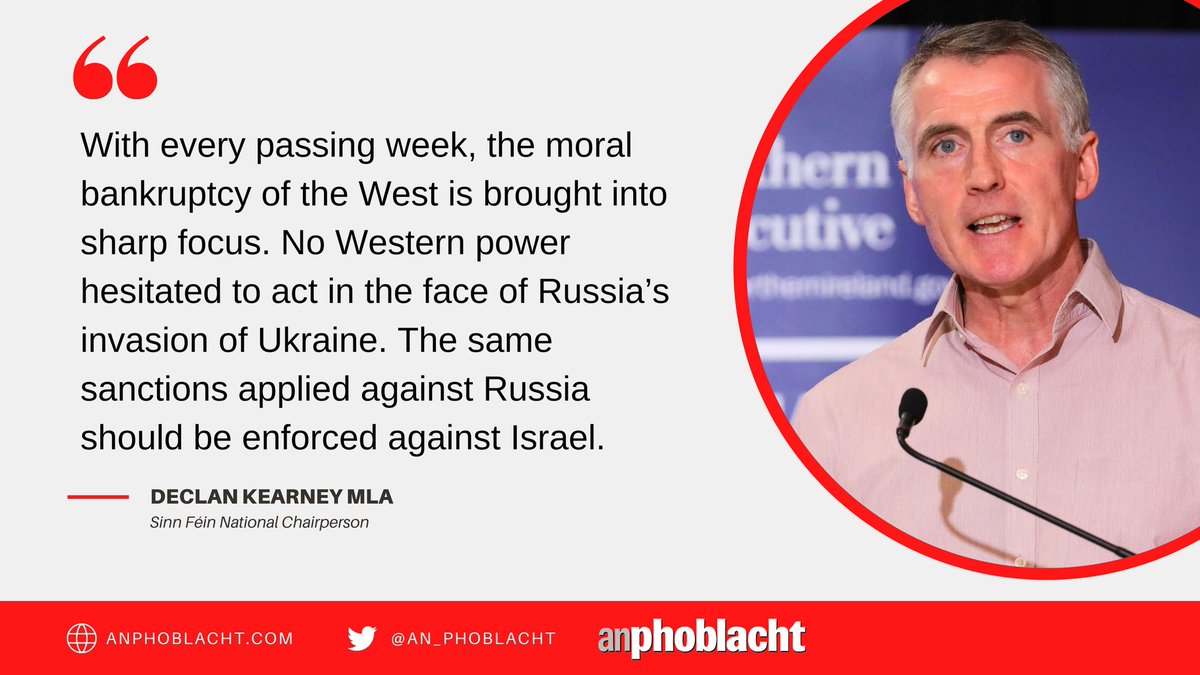 The same sanctions applied with no hesitation against Russia, should be used against Israel #Gaza

Read more at anphoblacht.com/contents/28744