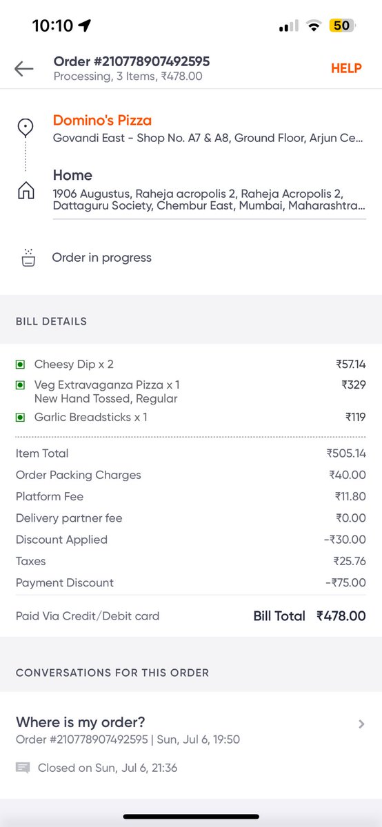 shails4u's tweet photo. @SwiggyCares @dominos_india @dominos @Swiggy @harshamjty @rohitisb @zomatocare @zomato Attached and it still says undelivered in your app. @harshamjty @rohitisb https://t.co/xpZFEN2dNo