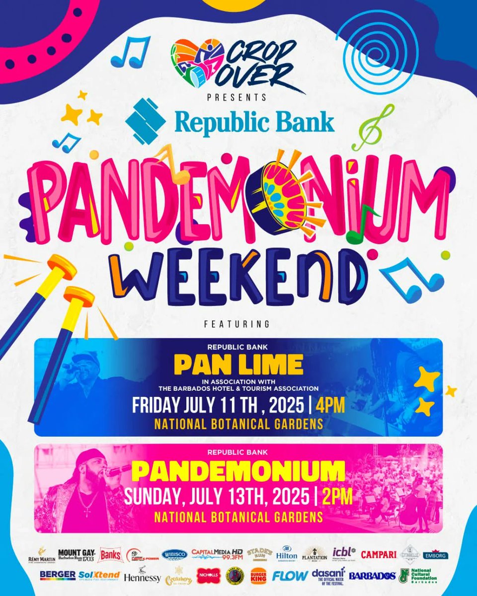 CropOverHUB's tweet image. 🇧🇧 Pan lovers, your weekend is coming up! 🥳
🗓️ Get ready for two pan-tastic days on Friday, July 11th, for the Republic Bank Pan Lime and on Sunday, July 13th, for the Republic Bank Pandemonium event.
🎟 Admission to both events is FREE