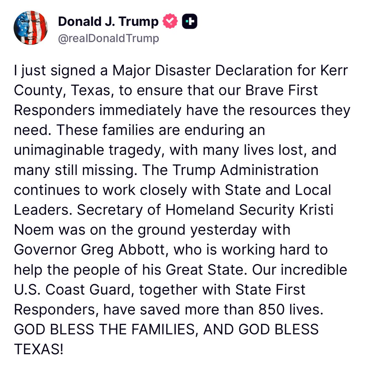 BreakinNewz01's tweet photo. President Donald Trump has signed a disaster declaration for Kerr County, #Texas #Pray4Texas https://t.co/uf98PNrdyC