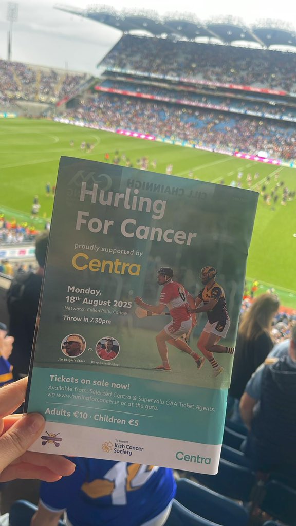 HurlingForCancer ๐ (@hurling4cancer) on Twitter photo Hurling for Cancer featured <a href="/CrokePark/">Croke Park</a> semi final programme. Looking forward to an exciting Cork v Tipp final followed by competitive Hurling for Cancer match on
18 August Netwatch Cullen Pk Carlow
Tickets
Selected <a href="/CentraIRL/">Centra Ireland</a> & <a href="/SuperValuIRL/">SuperValu Ireland</a> stores and hurlingforcancer.ie Hurling for Cancer featured <a href="/CrokePark/">Croke Park</a> semi final programme. Looking forward to an exciting Cork v Tipp final followed by competitive Hurling for Cancer match on
18 August Netwatch Cullen Pk Carlow
Tickets
Selected <a href="/CentraIRL/">Centra Ireland</a> & <a href="/SuperValuIRL/">SuperValu Ireland</a> stores and hurlingforcancer.ie