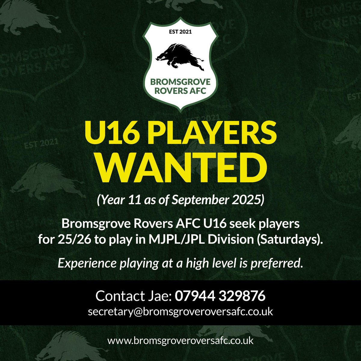 Bromsgrove Rovers AFC (@roversafc2020) on Twitter photo <a href="/RoversAFC2020/">Bromsgrove Rovers AFC</a> U16s MJPL are seeking players for the 2025/6 season please contact Jae on 07944329876 or email: secretary@bromsgroveroversafc.co.uk ππ€π <a href="/RoversAFC2020/">Bromsgrove Rovers AFC</a> U16s MJPL are seeking players for the 2025/6 season please contact Jae on 07944329876 or email: secretary@bromsgroveroversafc.co.uk ππ€π