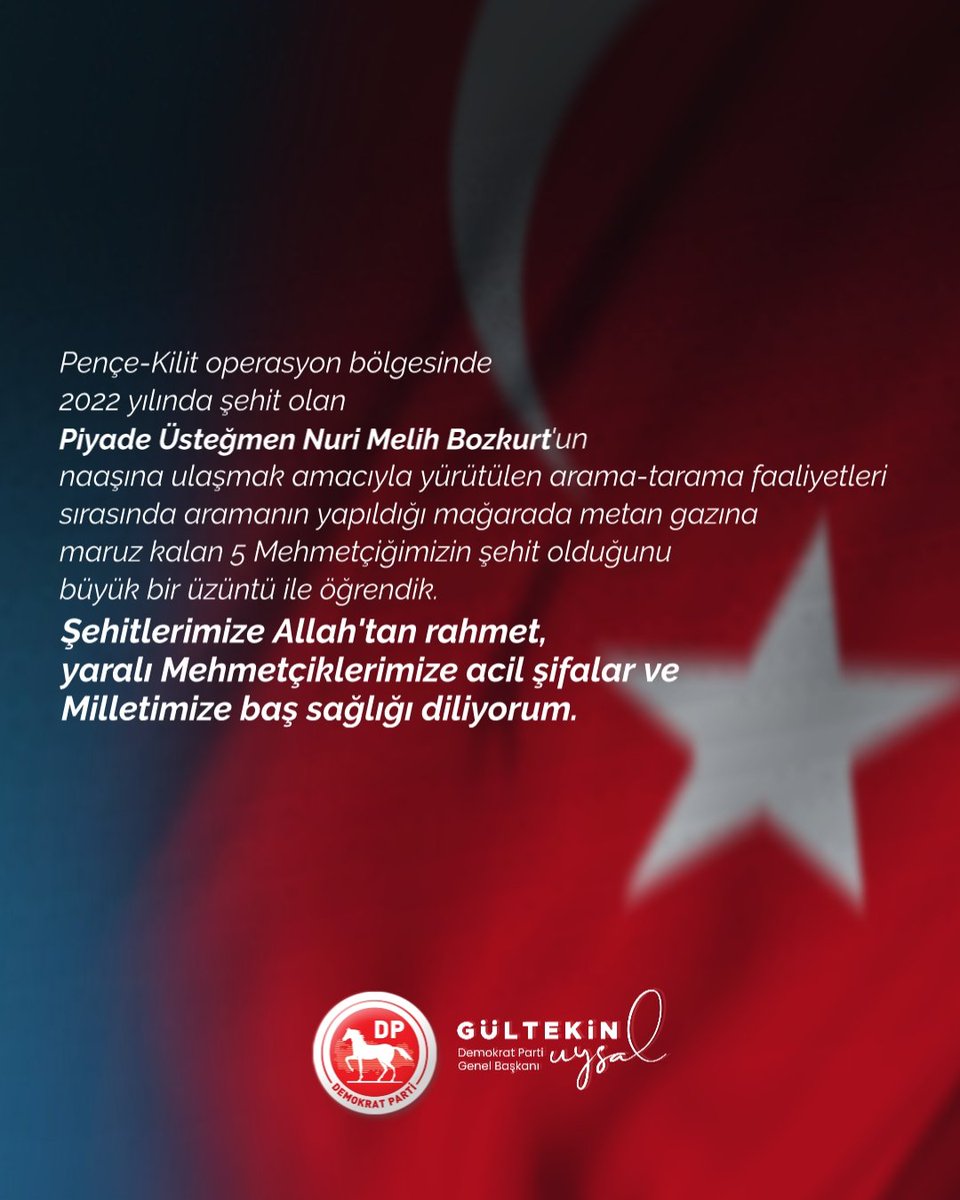 Pençe-Kilit operasyon bölgesinde 2022 yılında şehit olan Piyade Üsteğmen Nuri Melih Bozkurt’un naaşına ulaşmak amacıyla yürütülen arama-tarama faaliyetleri sırasında aramanın yapıldığı mağarada metan gazına maruz kalan 5 Mehmetçiğimizin şehit olduğunu büyük bir üzüntü ile