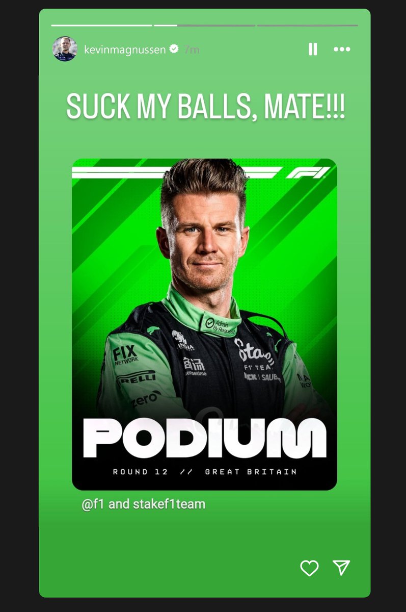MSportQuotes's tweet image. Kevin Magnussen reacting to Nico Hulkenberg's podium on Instagram 😂😂