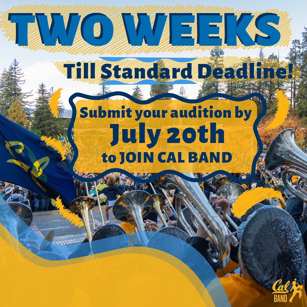 CalBand's tweet image. Our Standard Audition Deadline is TWO WEEKS AWAY! Submit your auditions by Sunday, July 20th to JOIN CAL BAND!! 🎶🎵
We are so excited to hear your auditions and perform with you in our beautiful California Memorial Stadium this Fall! Go Bears! 🐻
#CalBand #GoBears