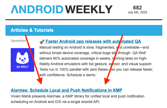 Vivien Mahé (@vivienmahe) on Twitter photo Thank you <a href="/androidweekly/">AndroidWeekly</a> for featuring my latest article about my open-source library 🔔 Alarmee! 🙏
The article explains how to use Alarmee to schedule local notifications and to handle push notifications, on both iOS & Android.
🔗 medium.com/p/44ea47972ae7 Thank you <a href="/androidweekly/">AndroidWeekly</a> for featuring my latest article about my open-source library 🔔 Alarmee! 🙏
The article explains how to use Alarmee to schedule local notifications and to handle push notifications, on both iOS & Android.
🔗 medium.com/p/44ea47972ae7
