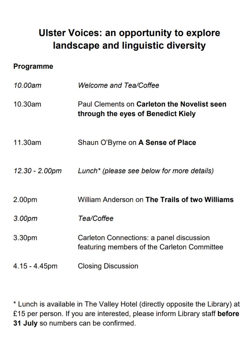 WilliamCarleton's tweet photo. ULSTER VOICES: An event organised by the Society with support of @LibrariesNI and @MidUlster_DC at Fivemiletown Library on Friday 8th August. The links between Carleton, Ben Kiely, Patrick Kavanagh &amp; WF Marshall (Livin' in Drumlister...) Admission Free. 10:00am tea/coffee served https://t.co/ZgWe1h0Omg