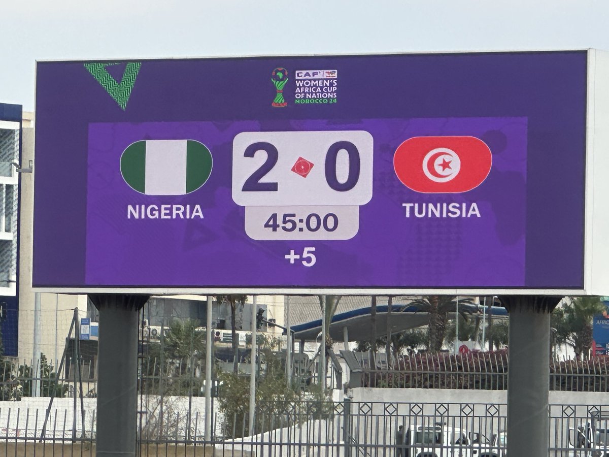 Half Time 

Nigeria 2 Tunisia 0

Oshoala and Rinsola with the goals

A third goal was disallowed

#WAFCON2024