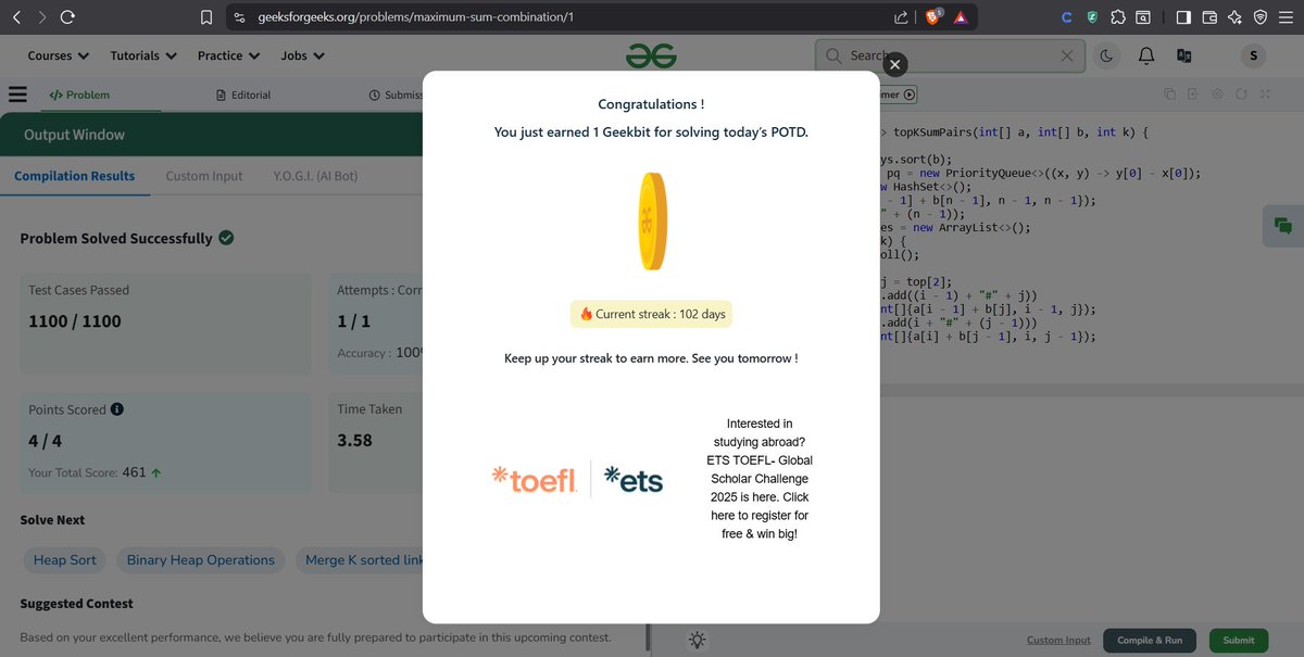 ShuryanshG2111's tweet photo. Day 102/80 of the #GFG160 Challenge β 7 July 2025 β
Solved POTD β Maximum Sum Combination βπ
Used ArrayList + Priority Queue (Max Heap) to generate and track top k pairwise sums from two arrays.
#GFG160 #GeekStreak2025
@geeksforgeeks
#Heap #PriorityQueue #ArrayList #Greedy https://t.co/7QPLmIqsip