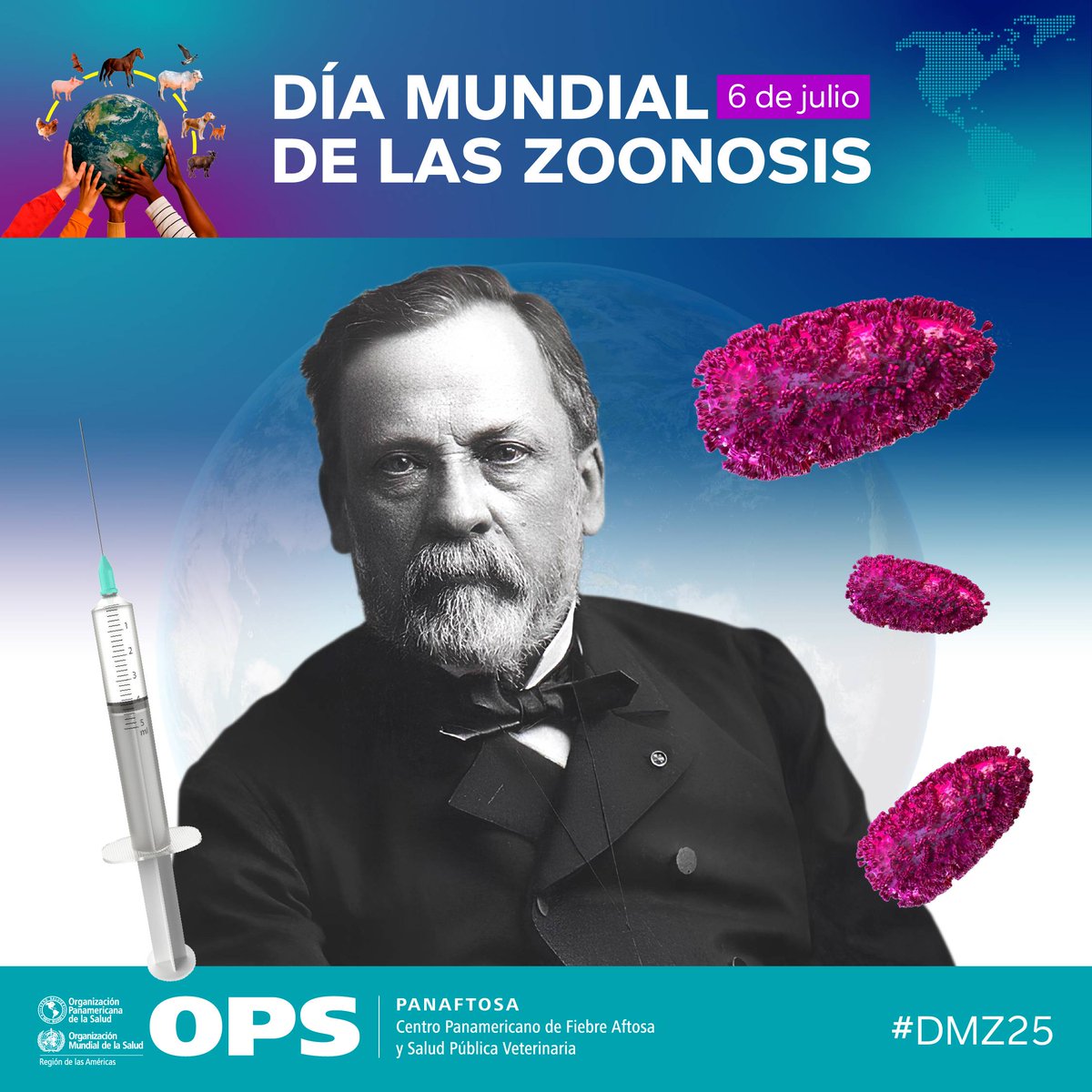 🐾🌎 Hoy, 6 de julio, conmemoramos el Día Mundial de las Zoonosis, recordando la primera vacuna antirrábica aplicada por Louis Pasteur en 1885.

➡️ De cada 5 enfermedades nuevas en personas, 3 tienen origen animal.
Prevenir las enfermedades en animales salva vidas humanas.
#DMZ25