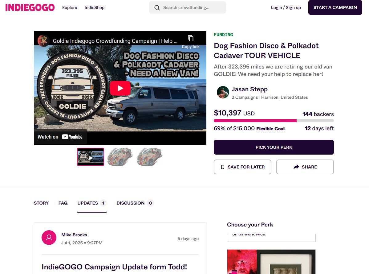 RazorToWristRec's tweet image. Less than two weeks left to help DFD/Polkadot Cadaver retire Goldie and get a new touring van. Rewards include exclusive merch, guitar/bass lessons, getting Jasan (cello) and/or Todd (vocals) on your track, Goldie raffle tickets and more:

indiegogo.com/projects/dog-f…