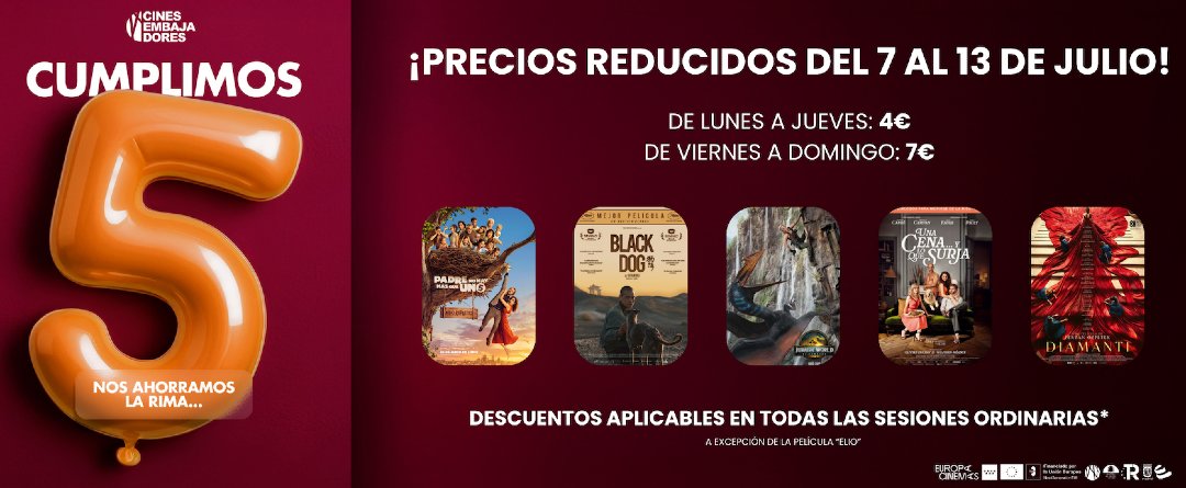 ahora sí que sí! MAÑANA empieza nuestra semana especial V ANIVERSARIO 😎⭐

eventos, precios especiales, estrenos y una fiesta que clausura todo el lunes 14 de julio! Todo a la venta ya!  cinesembajadores.es/madrid/