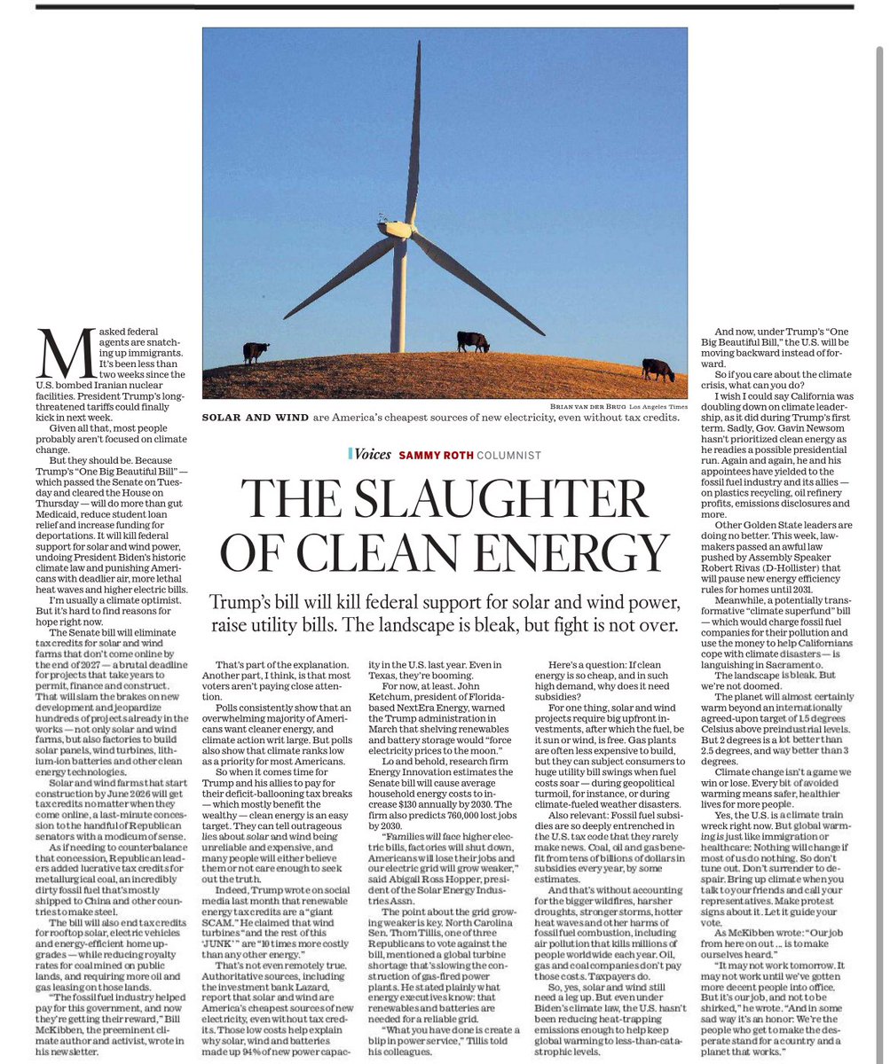 Sammy Roth (@sammy_roth) on Twitter photo In Friday’s <a href="/latimes/">Los Angeles Times</a>: My column on Trump’s “One Big Beautiful Bill,” which slaughters federal support for clean energy. Please read, including the parts on what we can all do next: latimes.com/environment/ne… In Friday’s <a href="/latimes/">Los Angeles Times</a>: My column on Trump’s “One Big Beautiful Bill,” which slaughters federal support for clean energy. Please read, including the parts on what we can all do next: latimes.com/environment/ne…