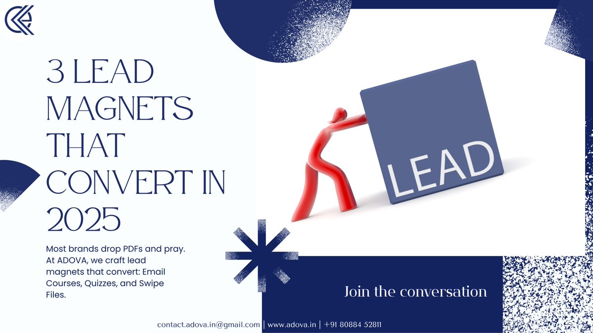 adovadotin's tweet photo. 3 Lead Magnets That Convert in #2025 🧲
Most brands drop PDFs and hope.
At #ADOVA, we build magnets that drive action:
• Mini Email Courses
• Quizzes & Tools
• Swipe Files
Don’t just give-guide.
DM us to build yours.
#LeadMagnets #MarketingTips #ADOVA #conversionMafia https://t.co/zyfQWa0nnL