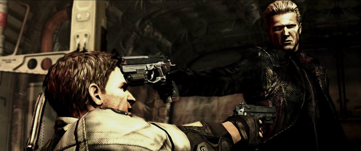RacconSurvivor's tweet image. A clever subtle nod to Wesker in RE6 is how Jake's action parallels what his father always did to Chris, aiming a gun point-blank at his face with neither of them intending to kill him with it, while Jake does lose his cool, he still deliberately shoots off target. #REBHFun