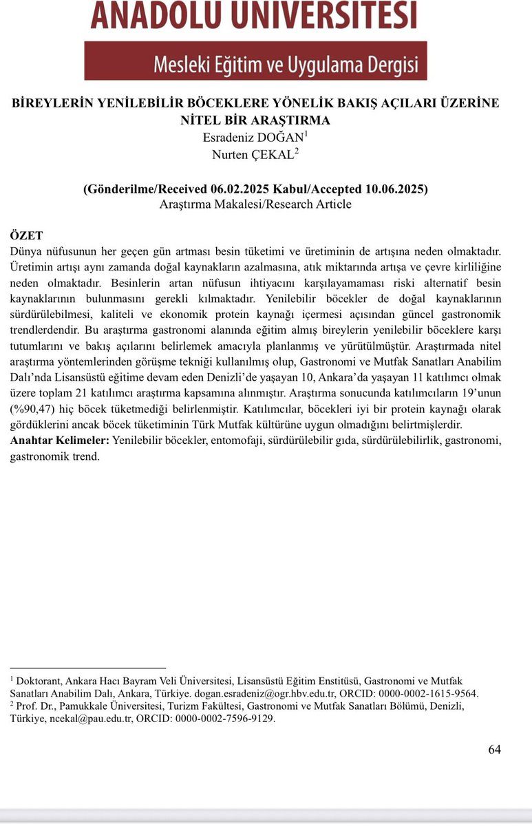 🌸 BİREYLERİN YENİLEBİLİR BÖCEKLERE YÖNELİK BAKIŞ AÇILARI ÜZERİNE BİR ARAŞTIRMA 

👩‍💻 Esradeniz DOĞAN
👩‍💻 Nurten ÇEKAL

Hocalarımıza bu ilgi çekici çalışma için teşekkür ederiz. Okuru bol olsun🍀