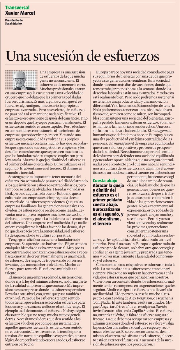 Emilio Martínez Gavira (@aemiliusmg) on Twitter photo El esfuerzo no garantiza el éxito, pero la falta de esfuerzo sí augura el fracaso. Por eso el esfuerzo es innegociable, aunque debe ser siempre con sentido, y la base del management humanista europeo. Enorme como siempre <a href="/XavierMarcet/">Xavier Marcet</a> 👏 El esfuerzo no garantiza el éxito, pero la falta de esfuerzo sí augura el fracaso. Por eso el esfuerzo es innegociable, aunque debe ser siempre con sentido, y la base del management humanista europeo. Enorme como siempre <a href="/XavierMarcet/">Xavier Marcet</a> 👏