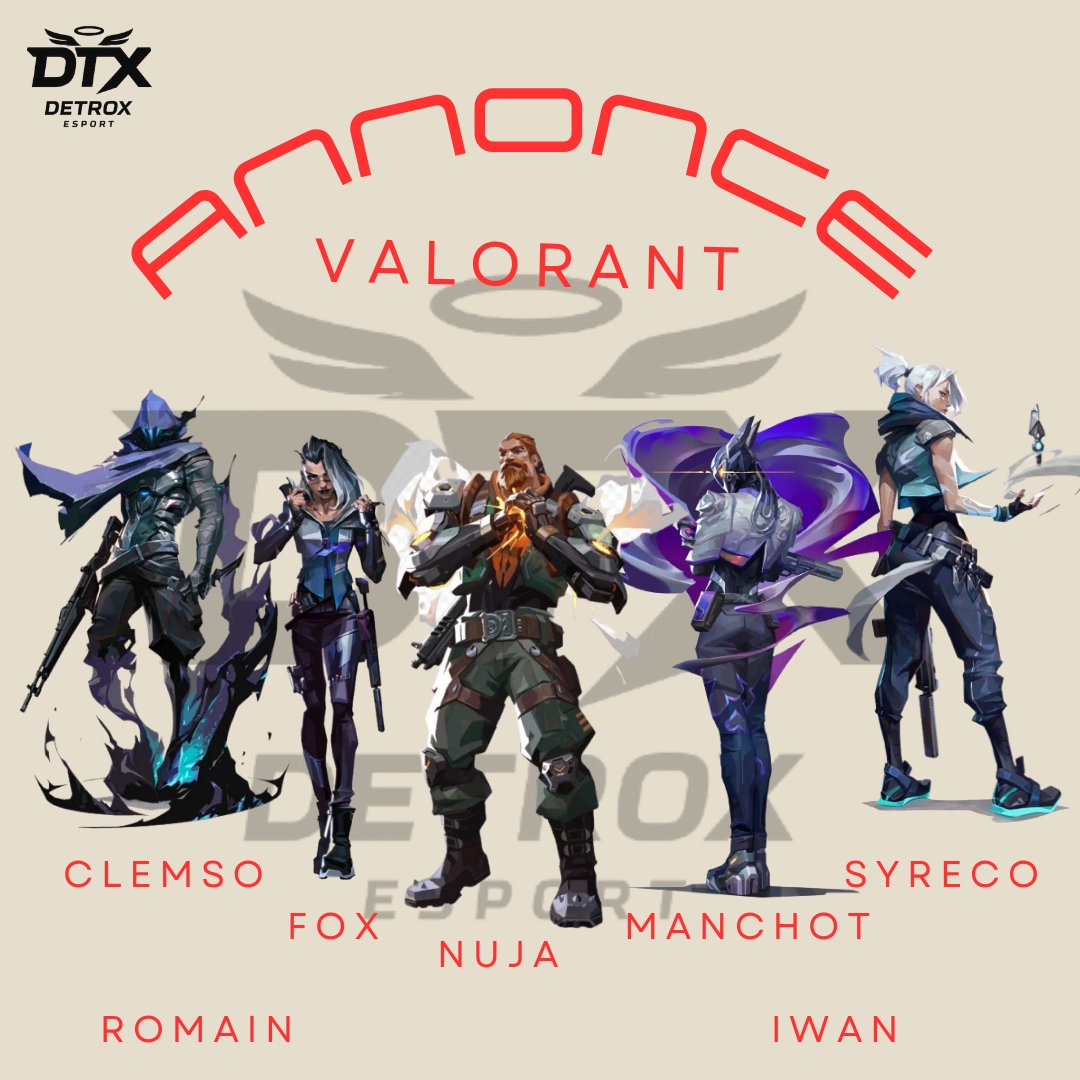 🎯 ANNONCE OFFICIELLE – NOUVELLE TEAM VALORANT 🎯

Nous sommes fiers de vous présenter notre toute nouvelle équipe VALORANT, prête à faire trembler les serveurs et marquer la scène compétitive de son empreinte ! 🔥

Voici le roster complet qui portera nos couleurs :