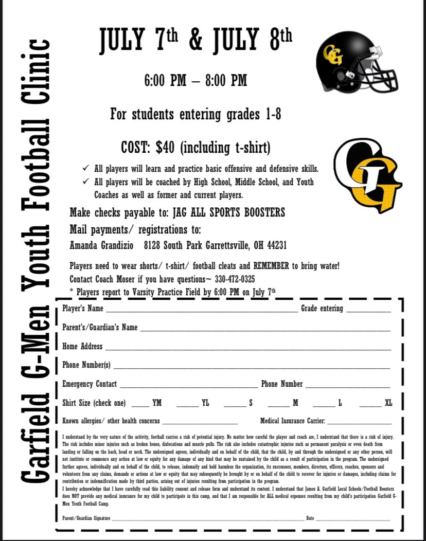 Reminder to all; Youth camp night #1 is tomorrow from 6pm-8pm! 

Camp will take place in the field behind the visitors side of the stadium. Can’t wait to see everyone there!