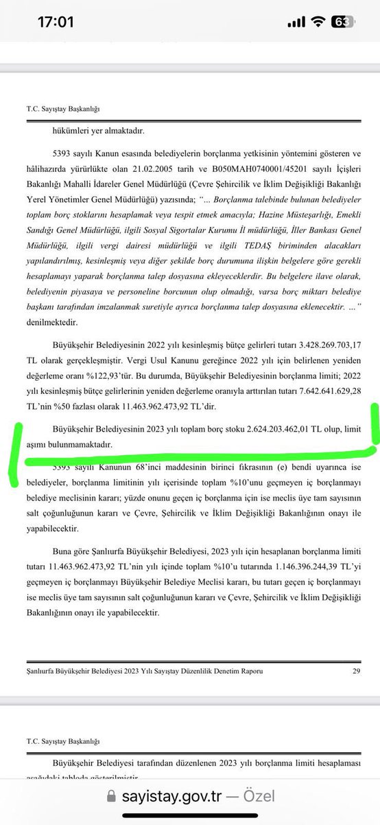 Zeynel Abidin BEYAZGÜL (@zabeyazgul) on Twitter photo SAYIŞTAY ;
Şanlıurfa Büyükşehir belediyesinin 2023 yılı Denetim raporu sayfa 29 da
“Büyükşehir Belediyesinin 2023 yılı toplam borç stoku 2 milyar 624 milyon 203 bin 462 TL 01 krş “
demektedir.
<a href="/RTErdogan/">Recep Tayyip Erdoğan</a> <a href="/bybekirbozdag/">Bekir Bozdağ</a> <a href="/abuyukgumus/">Ahmet Büyükgümüş</a> <a href="/milhamigunbegi/">M.İlhami GÜNBEGİ</a> <a href="/eminonen/">Emin Önen</a> <a href="/ProfDrDusak/">Prof Dr Abdurrahim Dusak</a> SAYIŞTAY ;
Şanlıurfa Büyükşehir belediyesinin 2023 yılı Denetim raporu sayfa 29 da
“Büyükşehir Belediyesinin 2023 yılı toplam borç stoku 2 milyar 624 milyon 203 bin 462 TL 01 krş “
demektedir.
<a href="/RTErdogan/">Recep Tayyip Erdoğan</a> <a href="/bybekirbozdag/">Bekir Bozdağ</a> <a href="/abuyukgumus/">Ahmet Büyükgümüş</a> <a href="/milhamigunbegi/">M.İlhami GÜNBEGİ</a> <a href="/eminonen/">Emin Önen</a> <a href="/ProfDrDusak/">Prof Dr Abdurrahim Dusak</a>