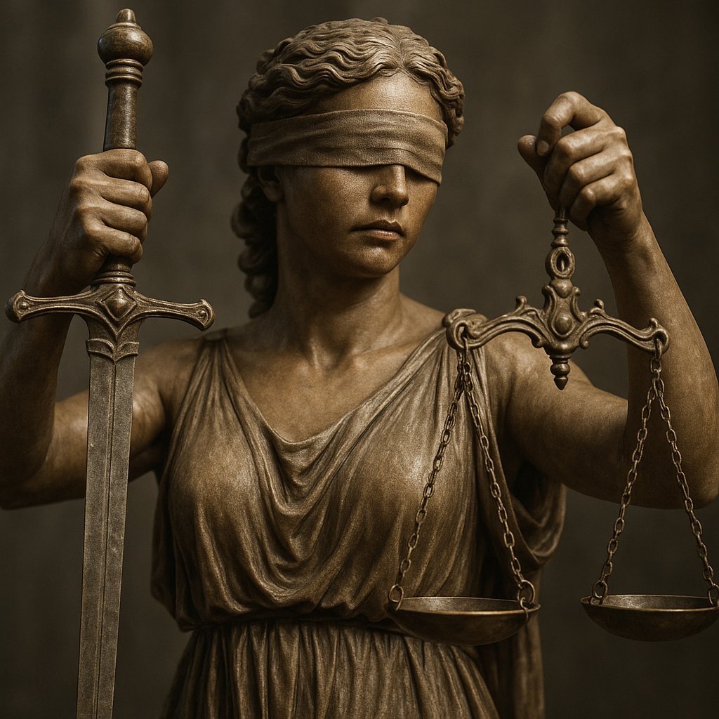 Hiçbir suç cezasız kalmamalıdır; o nedenle Justitia'nın ("Adalet Ana"nın) kılıcı keskin ve hızlıdır. Suç ve ceza her daim ölçülü olmalıdır, eldeki kanıtlar tarafsız olarak tartılmalıdır; o nedenle Justitia, diğer elinde bir terazi tutar. Ama Justitita'nın günümüzde en çok