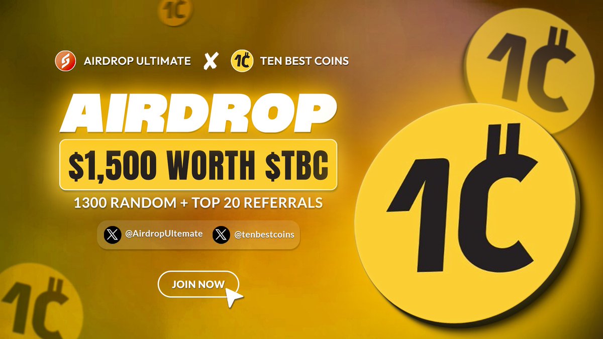 Airdrop Ultimate (@airdropultemate) on Twitter photo New Tasks Available For 2nd Week
New airdrop: <a href="/tenbestcoins/">tenbestcoins.com</a>
Reward: 1500$ Worth $TBC
Distribution: 30th September
🔗Airdrop Link: t.me/TBCAirdropBot
-Complete all tasks of the giveaway
-Submit your ETH wallet address
-For 1300 Random Lucky Peoples
-The top 20 referrals New Tasks Available For 2nd Week
New airdrop: <a href="/tenbestcoins/">tenbestcoins.com</a>
Reward: 1500$ Worth $TBC
Distribution: 30th September
🔗Airdrop Link: t.me/TBCAirdropBot
-Complete all tasks of the giveaway
-Submit your ETH wallet address
-For 1300 Random Lucky Peoples
-The top 20 referrals