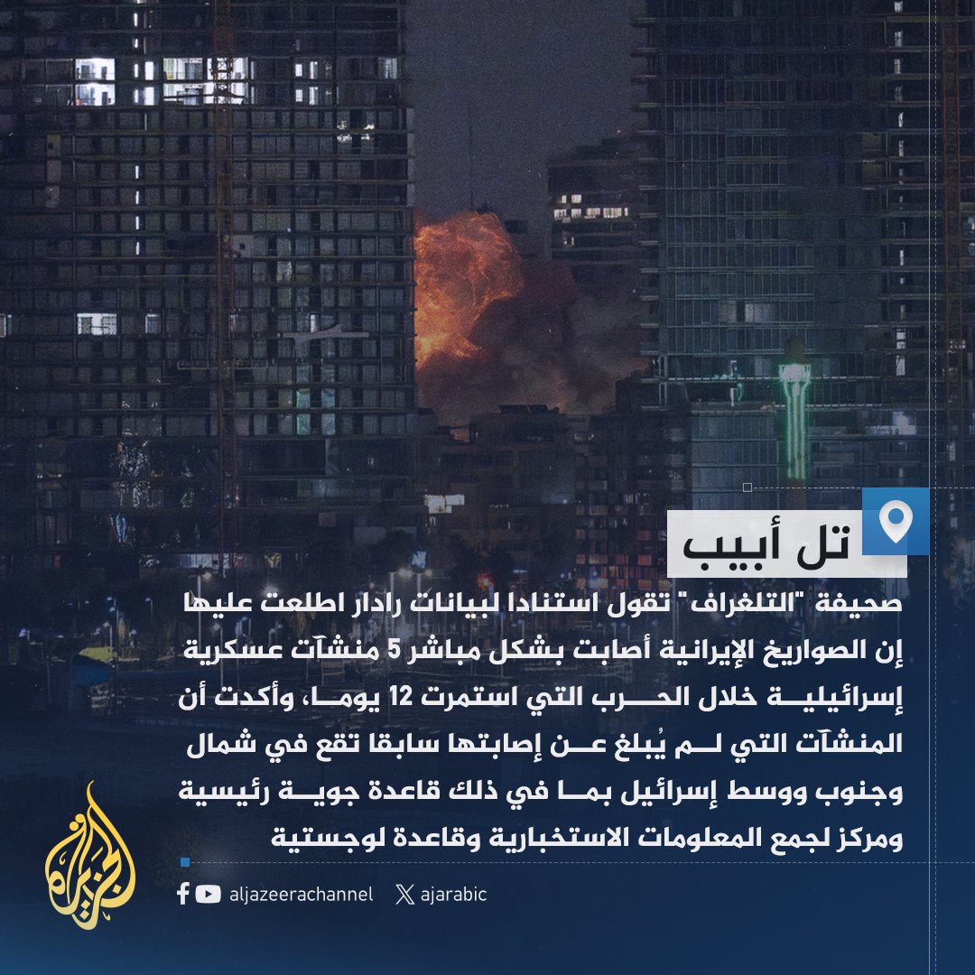 التلغراف: الصواريخ الإيرانية أصابت بشكل مباشر 5 منشآت عسكرية إسرائيلية خلال الحرب الأخيرة