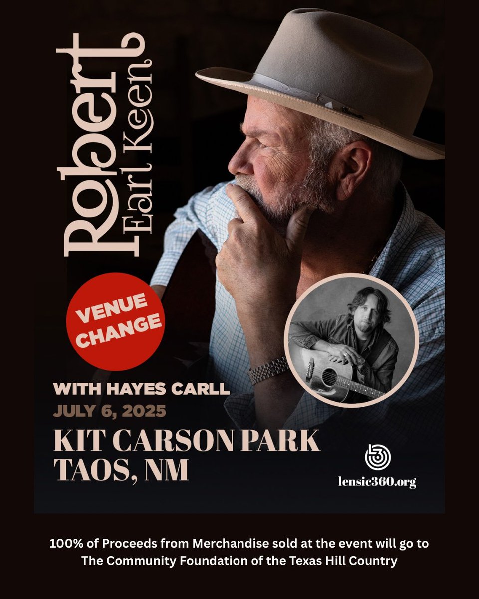 robertearlkeen's tweet image. Taos: Ray Wylie Hubbard + more special guests are joining me on stage tonight…you won’t want to miss this one!
100% of proceeds from all merch sold will go to the Community Foundation of the Texas Hill Country, supporting flood relief and rescue efforts.
See y’all tonight.