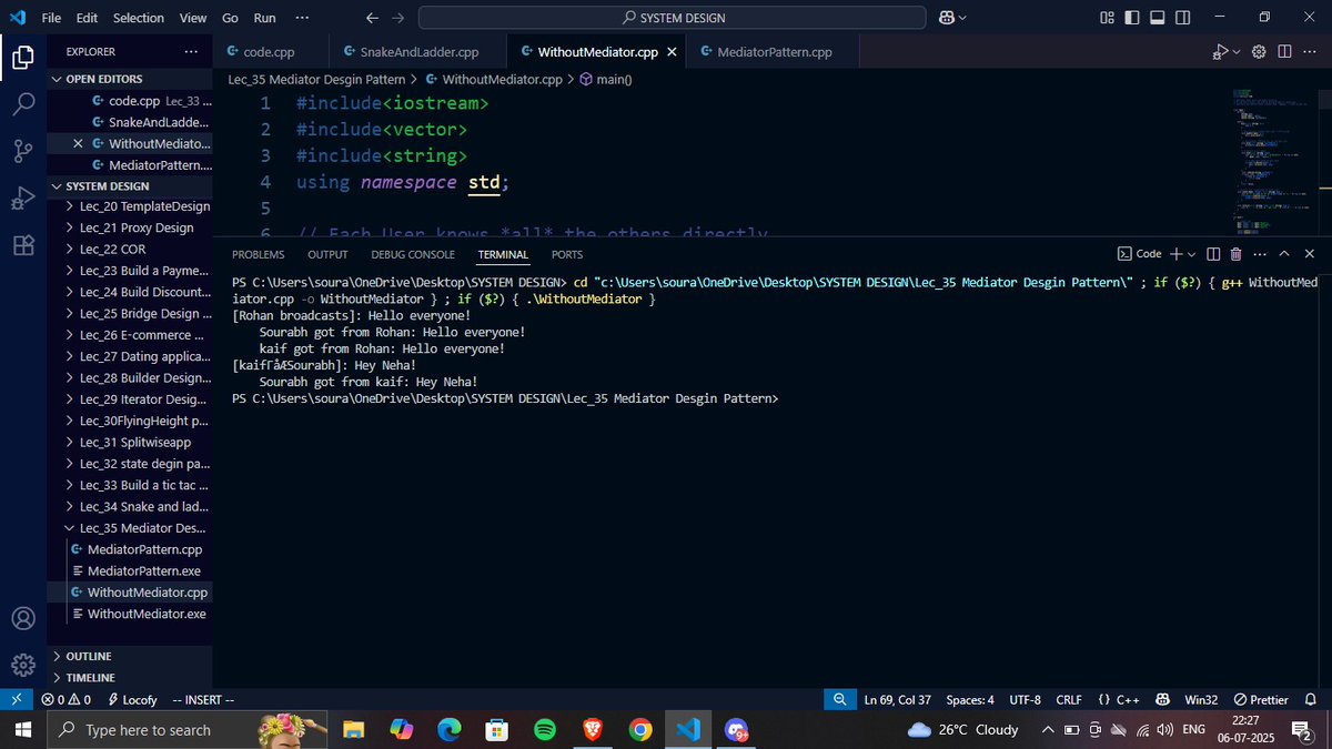 SOURABHGUP91601's tweet photo. Day 35 #100DaysOfCode 
Today I learned more about Mediator Design Pattern 
🔹  Chatroom using Mediator Design 
🔹 Standard UML &amp; Defination 
🔹 Observer v/s Mediator Design 
🔹Code implementation 
#SystemDesign #LLD #8weeksLLDChallenge #CodingChallenge #100DaysOfSystemDesign https://t.co/AwqGKbui2g