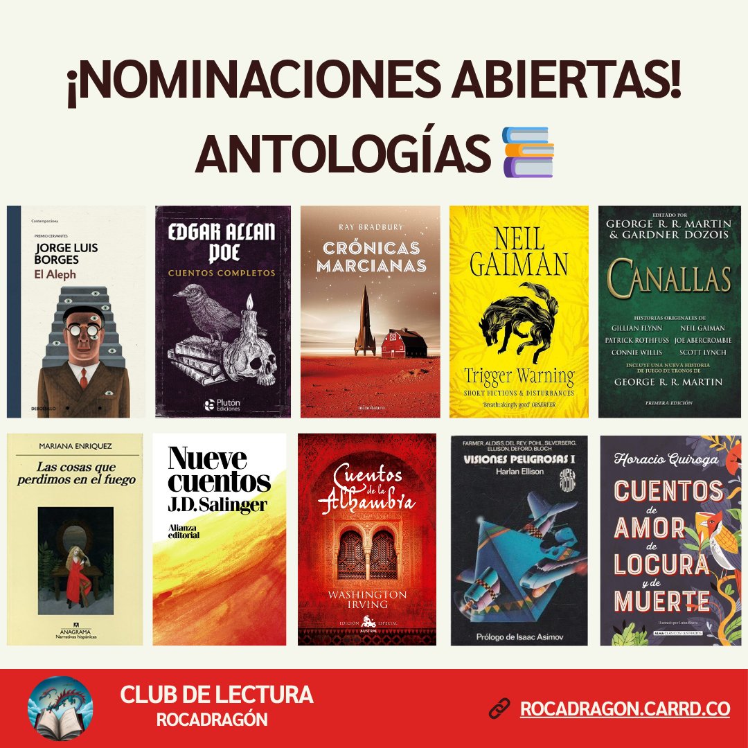 ¡Nominaciones Abiertas en Rocadragón! 📚🐉
¡Es hora de elegir nuestra próxima Lectura Conjunta! La temática es: Antologías.

⏰ Hasta martes 9 de Julio.

Ve a nuestro Discord para nominar

 #LecturaConjunta #Antologias #CuentosCortos