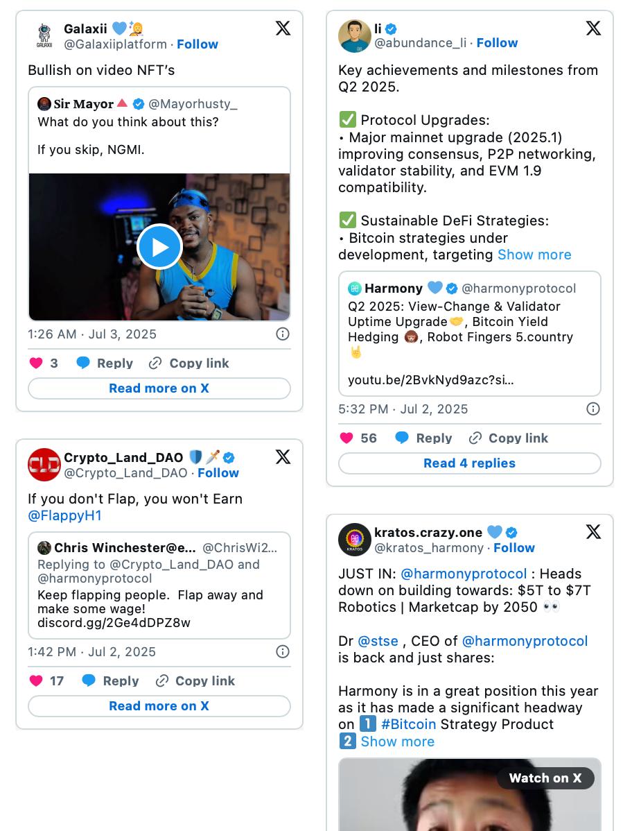 Harmony π (@harmonyprotocol) on Twitter photo This week on Harmony π
πΈ <a href="/Galaxiiplatform/">Galaxii ππ©βπ</a> is bullish on video NFTs
π₯ <a href="/FlappyH1/">Flap & Earn</a> helps you earn on Telegram
π <a href="/abundance_li/">li</a> shares our Q2 milestones per our latest Youtube video (youtu.be/2BvkNyd9azc)
π€ <a href="/kratos_harmony/">kratos.crazy.one π</a> on 5.country + BTC hedging This week on Harmony π
πΈ <a href="/Galaxiiplatform/">Galaxii ππ©βπ</a> is bullish on video NFTs
π₯ <a href="/FlappyH1/">Flap & Earn</a> helps you earn on Telegram
π <a href="/abundance_li/">li</a> shares our Q2 milestones per our latest Youtube video (youtu.be/2BvkNyd9azc)
π€ <a href="/kratos_harmony/">kratos.crazy.one π</a> on 5.country + BTC hedging