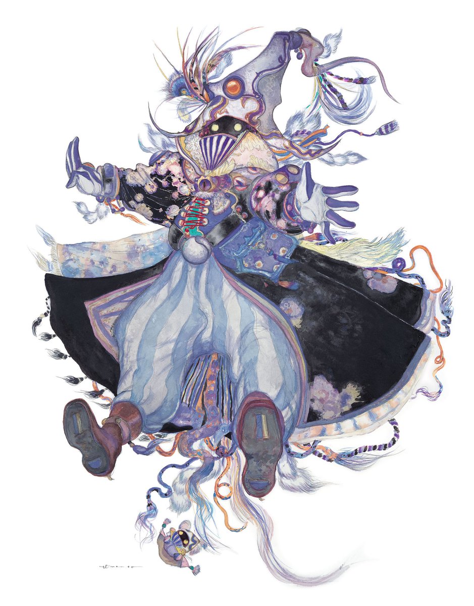 Amano’s #FFIX concept art for Vivi is pure magic: wispy ink &amp; watercolour, oversized hat and cloak. Itahana finalised his in‑game form, but Amano’s sketches define Vivi’s dreamlike mood. #FFIX25th #Amano