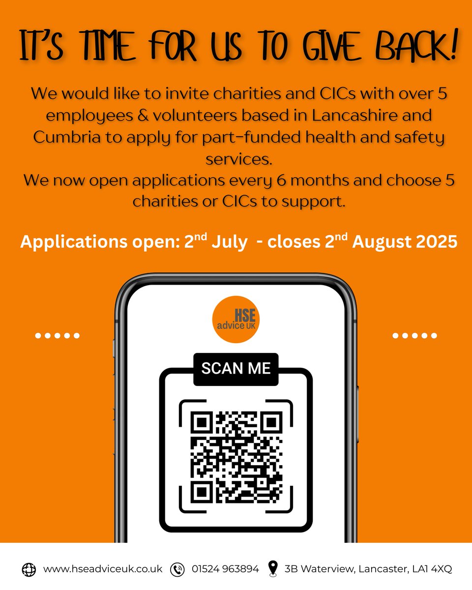 Calling all Charities and CICs in Lancashire and Cumbria!

We are now accepting applications for our part-funded Health &amp; Safety support – offered twice a year to five selected organisations. Scan the QR code to apply. <a href="/gazettenewsdesk/">Westmorland Gazette</a> <a href="/BeyondRadio/">Beyond Radio 🎙</a> <a href="/The_Visitor/">Morecambe Visitor</a> <a href="/lancstelegraph/">Lancashire Telegraph</a>