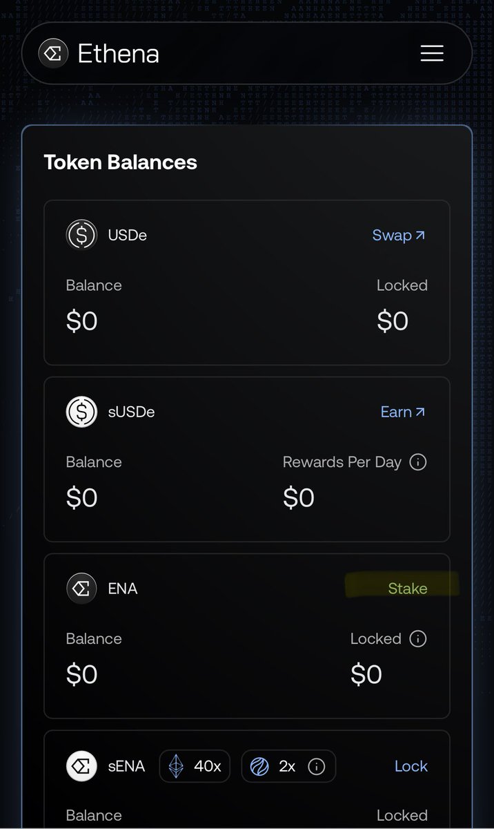 Getting a lot of requests on how to stake $ENA 

Here’s a step by step guide:

1. Go to ethena.fi 
2. Click the three lines on the top right on mobile and click “ecosystem”
3. Click “Launch App” which will take you to app.ethena.fi 
4. Click “Stake” on the