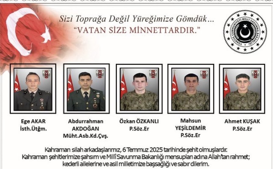 Şehit askerlerimize Allah’tan rahmet,ailelerine sabırlar diliyoruz.
Milletimizin başı sağolsun🇹🇷🇹🇷🇹🇷