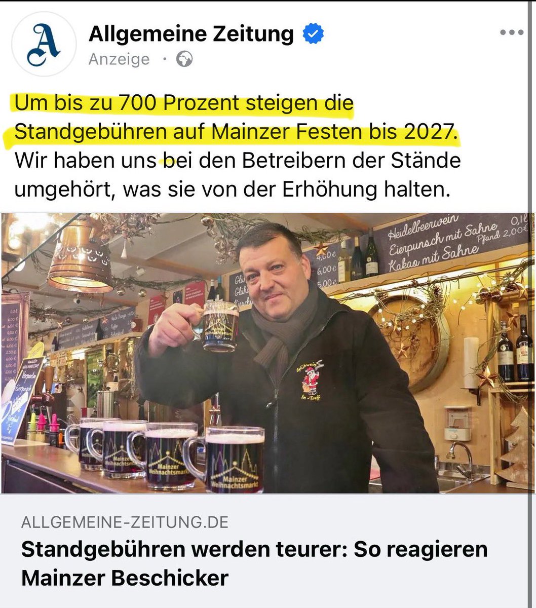 Standgebühren in Mainz steigen wegen der Sicherheitsauflagen auf das bis zu 7-fache. 

Es ist die einfachste Lösung: man muss Weihnachtsmärkte und Volksfeste so teuer machen, dass sie keiner mehr bezahlen kann.

Was empfinden wohl deutsche Bürger, wenn Sie feststellen müssen,
