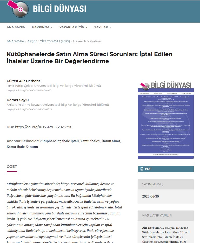 Yeni haftaya yeni bir okuma ile başlayalım mı?

Bu makalede ihale süreçlerinde yaşanan sorunları ortaya koymak ve ihale süreçlerinin iyileştirilmesi konusunda kütüphane yöneticilerine, uygulayıcılara ve düzenleyicilere öneriler bulacaksınız.
bd.org.tr/index.php/bd/a…