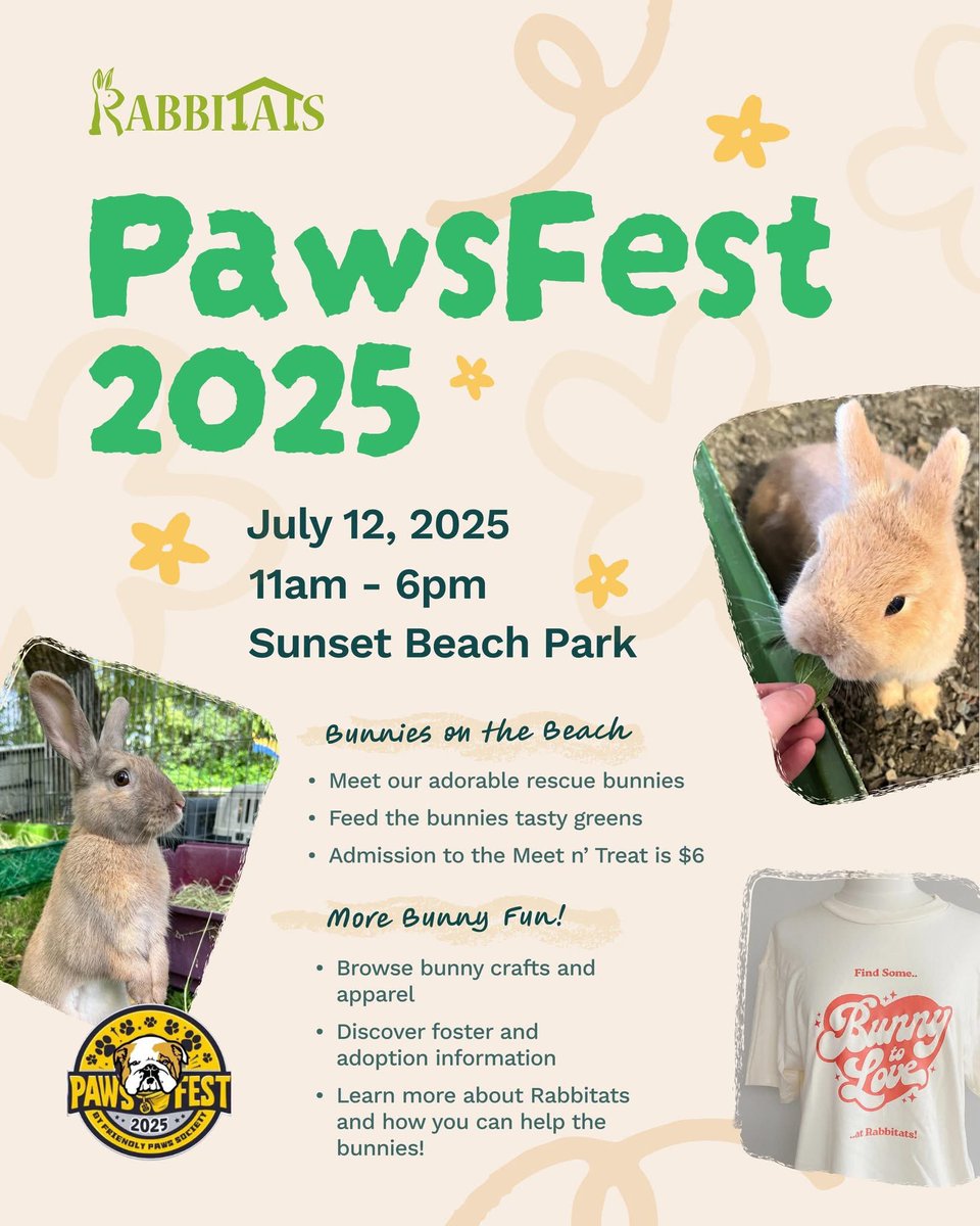 RabbitatsRescue's tweet image. Join us for PawsFest 2025, Sat., July 12 at Sunset Beach Park, Vancouver BC🇨🇦.
We'll be hosting a Meet n' Treat w/ our adorable rescue bunnies. Feed greens, learn more about Rabbitats, celebrate all things bunny! 🐰✨☀️
NB "bunny nap hour" midway thru event to give 🐰s a rest!
