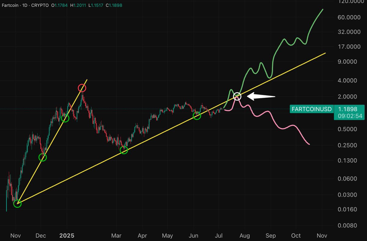 Fartcoin.

We’re reaching an inflection point 🚨
Last time around it marked the top at $2.7.

It’s a setup where a support trendline can get flipped as resistance.
Some might say it looks bearish.

But I’m confident the green scenario will play out.

Here’s why (if you have ADHD