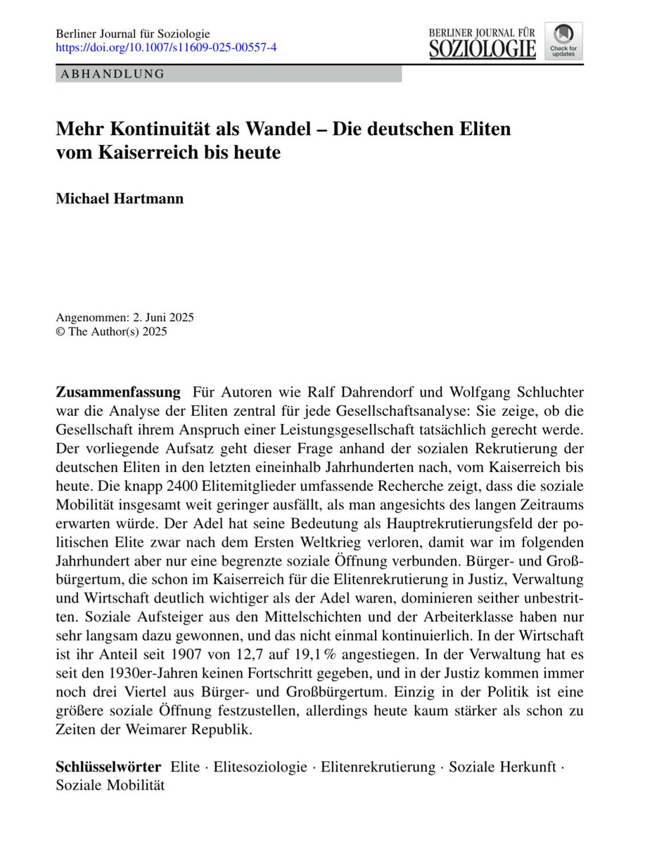 Michael Hartmann (2025): Mehr Kontinuität als Wandel – Die deutschen Eliten
vom Kaiserreich bis heute