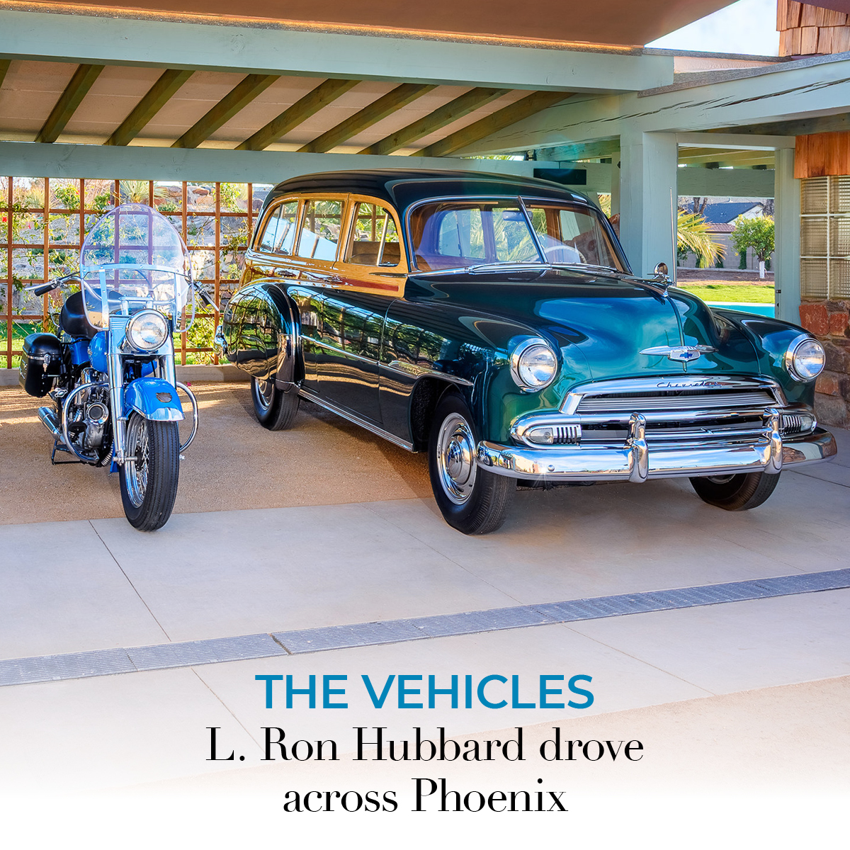 LRonHubbard's tweet image. Discover the very vehicles L. Ron Hubbard drove across Phoenix—his 1951 Chevrolet Styleline Deluxe, with its restored wood-grain finish, and his 50th anniversary edition 1954 Harley-Davidson Hydra-Glide, gleaming just as it did the day he purchased it: lronhubbard.org/landmark-sites…