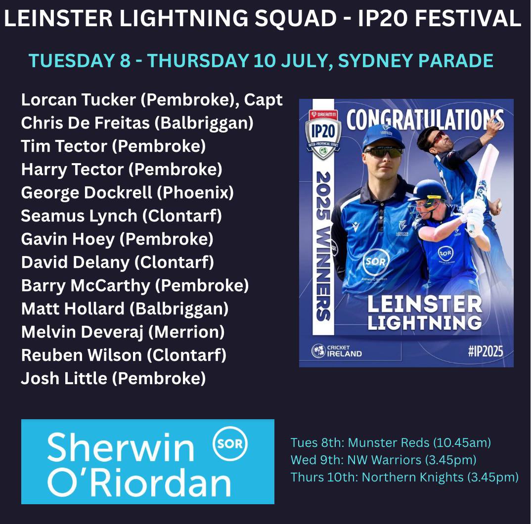 Cricket Leinster (@cricketleinster) on Twitter photo ⚡️LEINSTER LIGHTNING⚡️
The <a href="/SherwinORiordan/">Sherwin O'Riordan LLP</a> Leinster Lightning squad for this week’s IP20 Festival in <a href="/pembrokecricket/">Pembroke CC</a> has today been confirmed, as Andre Botha goes with an unchanged line-up!
cricketleinster.ie/news/lightning… ⚡️LEINSTER LIGHTNING⚡️
The <a href="/SherwinORiordan/">Sherwin O'Riordan LLP</a> Leinster Lightning squad for this week’s IP20 Festival in <a href="/pembrokecricket/">Pembroke CC</a> has today been confirmed, as Andre Botha goes with an unchanged line-up!
cricketleinster.ie/news/lightning…