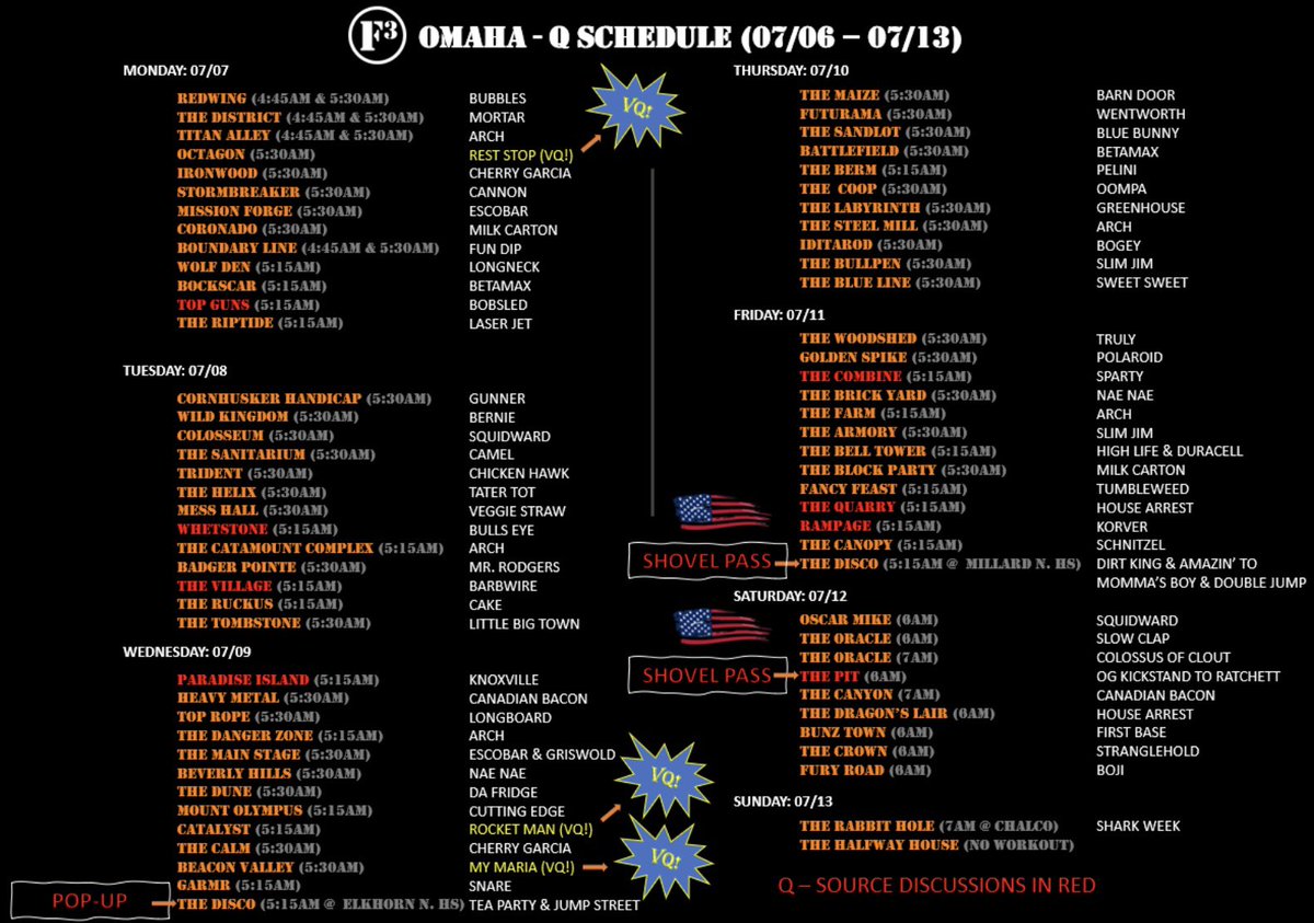 F3Omaha (@f3omaha) on Twitter photo 🚨 WEEK OF 7/6 Q SCHEDULE!
VQ’s: Rest Stop <a href="/F3Octagon/">octagon</a>, Rocket Man <a href="/f3_catalyst/">F3Catalyst</a> & My Maria <a href="/F3BeaconValley/">Beacon Valley</a>.
Shovel 🇺🇸 Passes: Dirt King & Amazin’ ➡️ Momma’s Boy & Double Jump <a href="/f3thedisco/">@f3thedisco</a>; OG Kickstand ➡️ Ratchett <a href="/F3Pit/">F3ThePit</a>.
<a href="/F3_RabbitHole/">F3_RabbitHole</a> @ Chalco Hills
#FreesToLead 🚨 WEEK OF 7/6 Q SCHEDULE!
VQ’s: Rest Stop <a href="/F3Octagon/">octagon</a>, Rocket Man <a href="/f3_catalyst/">F3Catalyst</a> & My Maria <a href="/F3BeaconValley/">Beacon Valley</a>.
Shovel 🇺🇸 Passes: Dirt King & Amazin’ ➡️ Momma’s Boy & Double Jump <a href="/f3thedisco/">@f3thedisco</a>; OG Kickstand ➡️ Ratchett <a href="/F3Pit/">F3ThePit</a>.
<a href="/F3_RabbitHole/">F3_RabbitHole</a> @ Chalco Hills
#FreesToLead