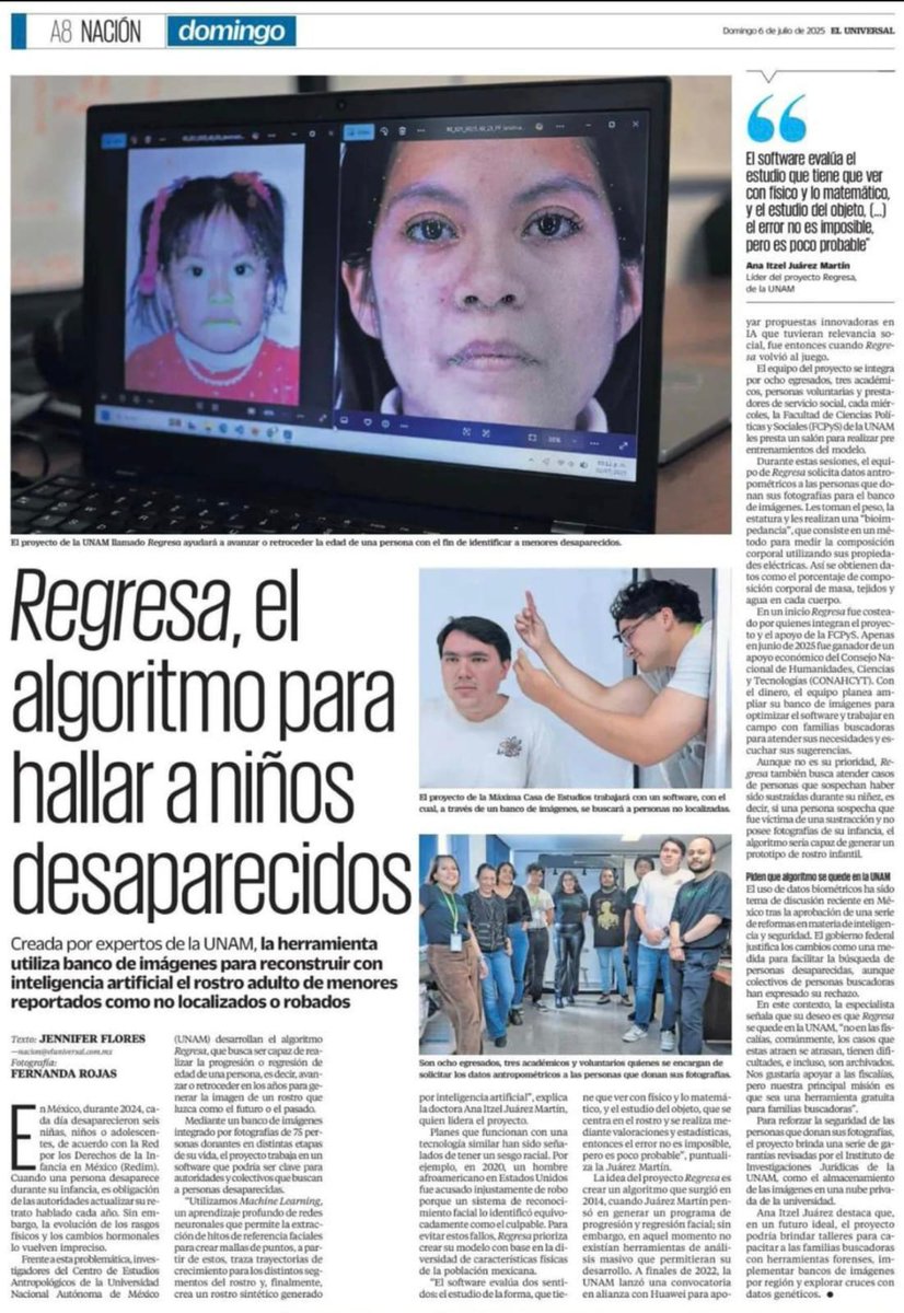 🤖 "Regresa" es un algoritmo desarrollado por la UNAM que, a través de la inteligencia artificial, busca generar imágenes de cómo se vería el rostro de una persona desaparecida en su infancia al paso de los años.

Un trabajo de <a href="/yinyin_rifa/">jeeeeeeeeeeeeeeeeeen</a> 👇
eluniversal.com.mx/nacion/regresa…